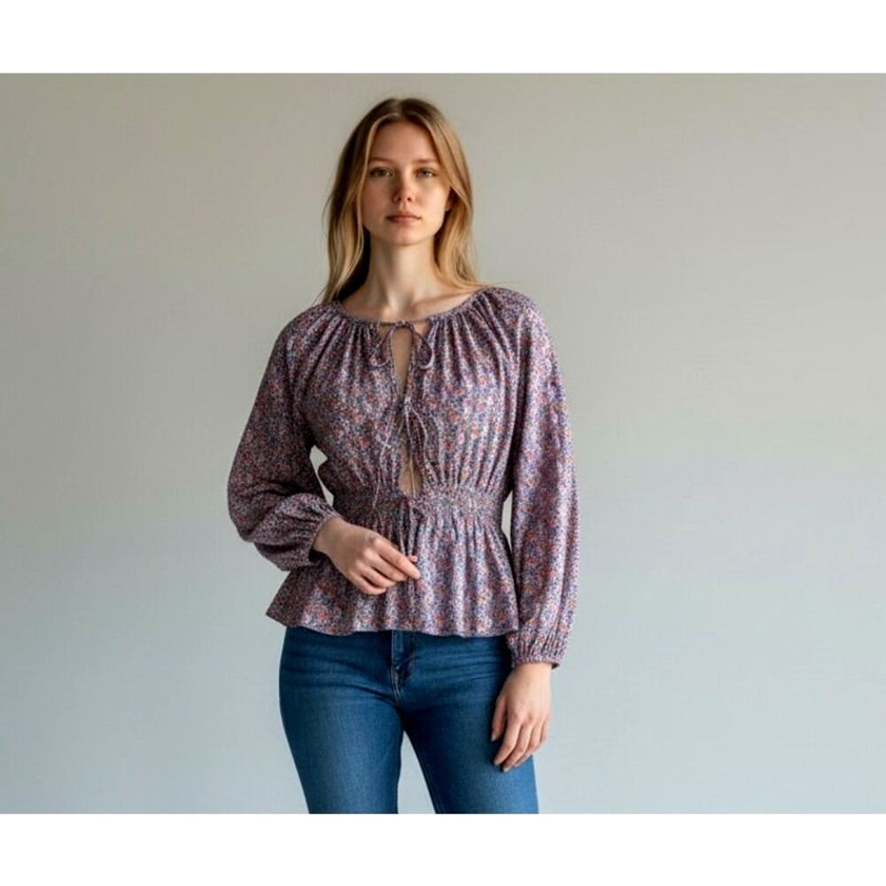 Eze Sur Mer Boho Floral Peasant Blouse Tie Front 100% Cotton Romantic Top Size S